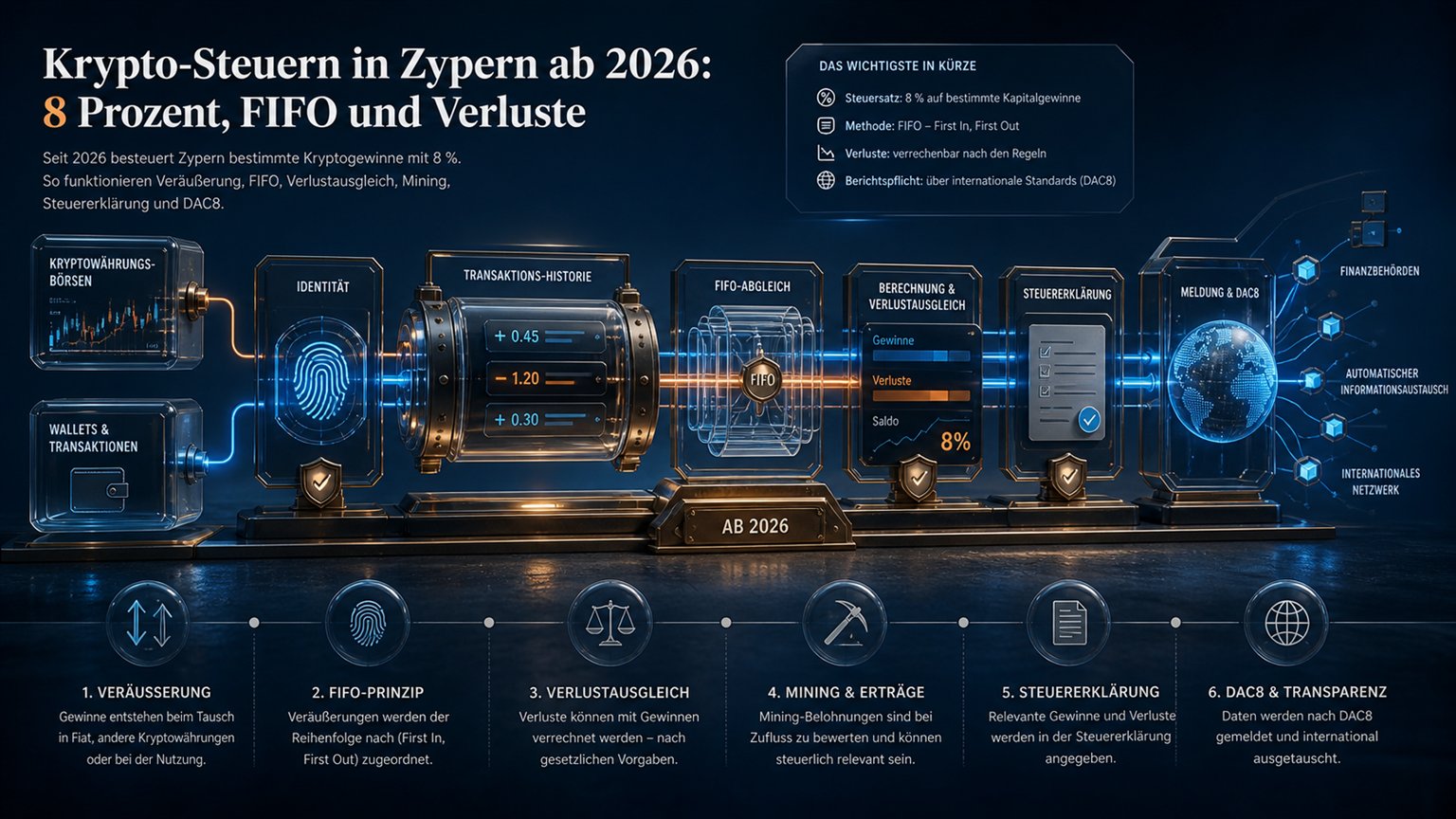 Moderne redaktionelle Illustration zum Artikel „Krypto-Steuern in Zypern ab 2026: 8 Prozent, FIFO und Verluste“ über Krypto-Steuern