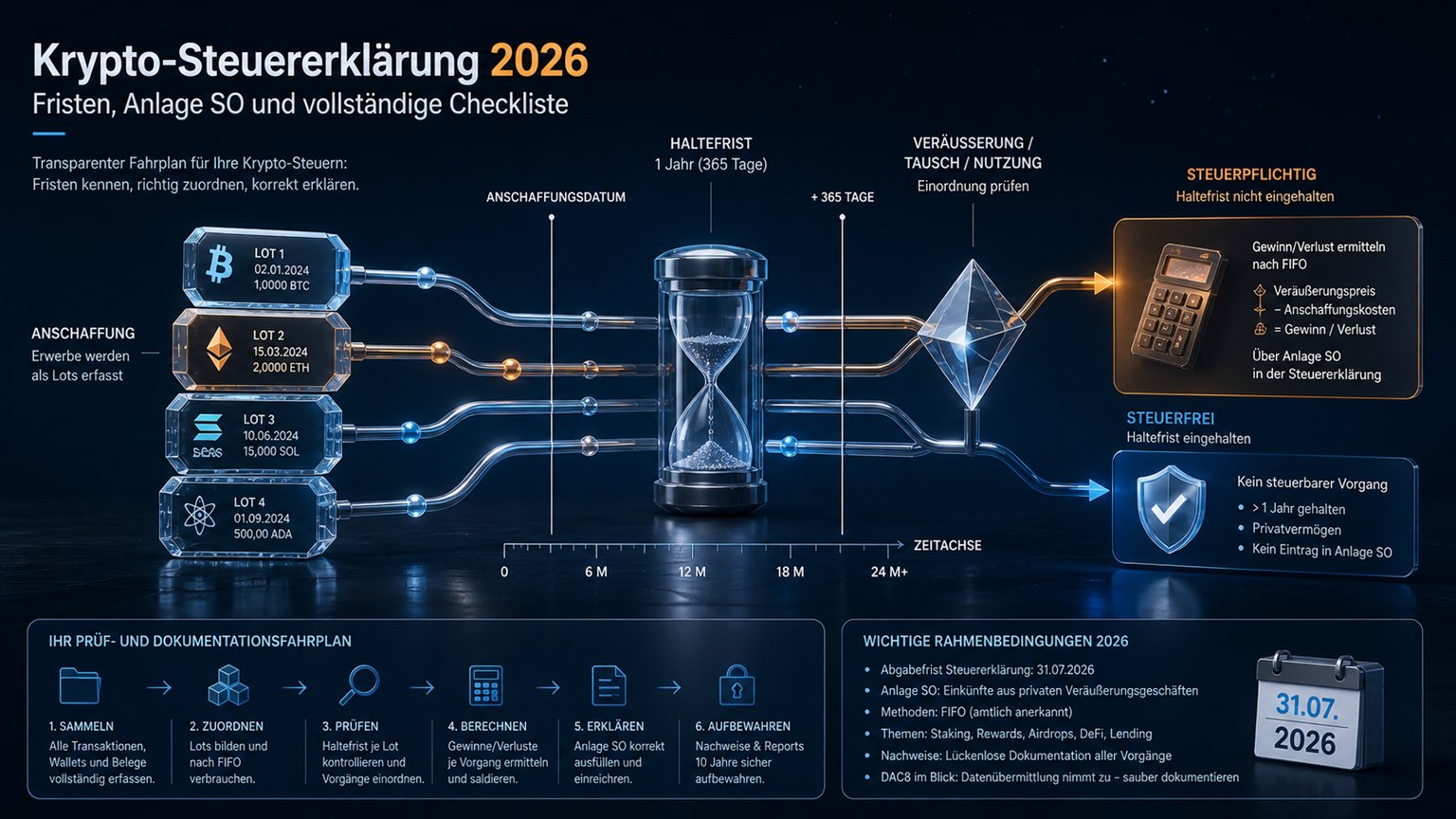 Moderne redaktionelle Illustration zum Artikel „Krypto-Steuererklärung 2026: Fristen, Anlage SO und vollständige Checkliste“ über Krypto-Steuern