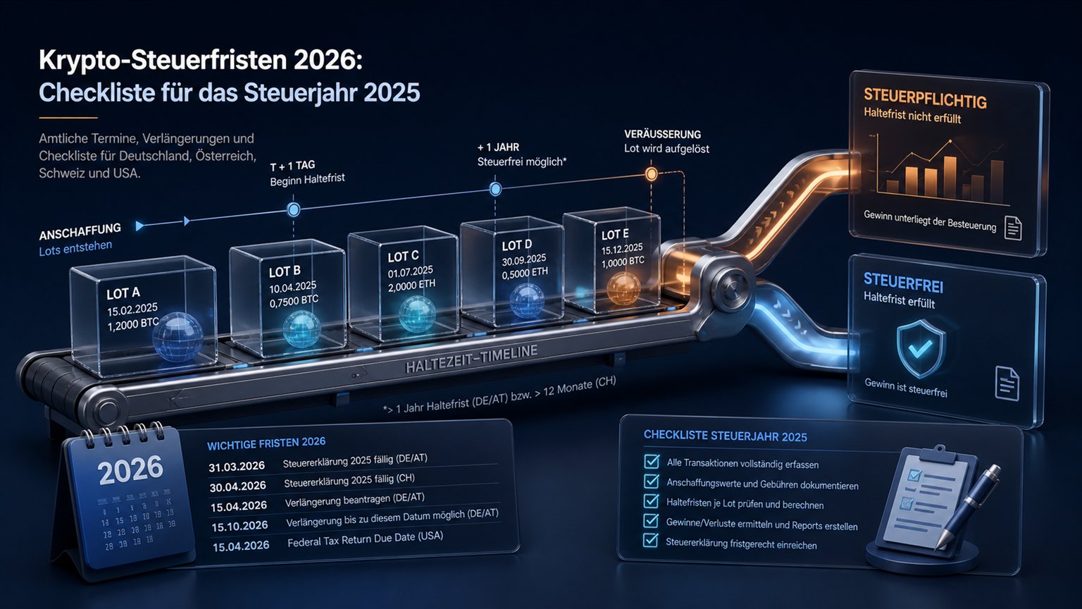 Moderne redaktionelle Illustration zum Artikel „Krypto-Steuerfristen 2026: Checkliste für das Steuerjahr 2025“ über Krypto-Steuern