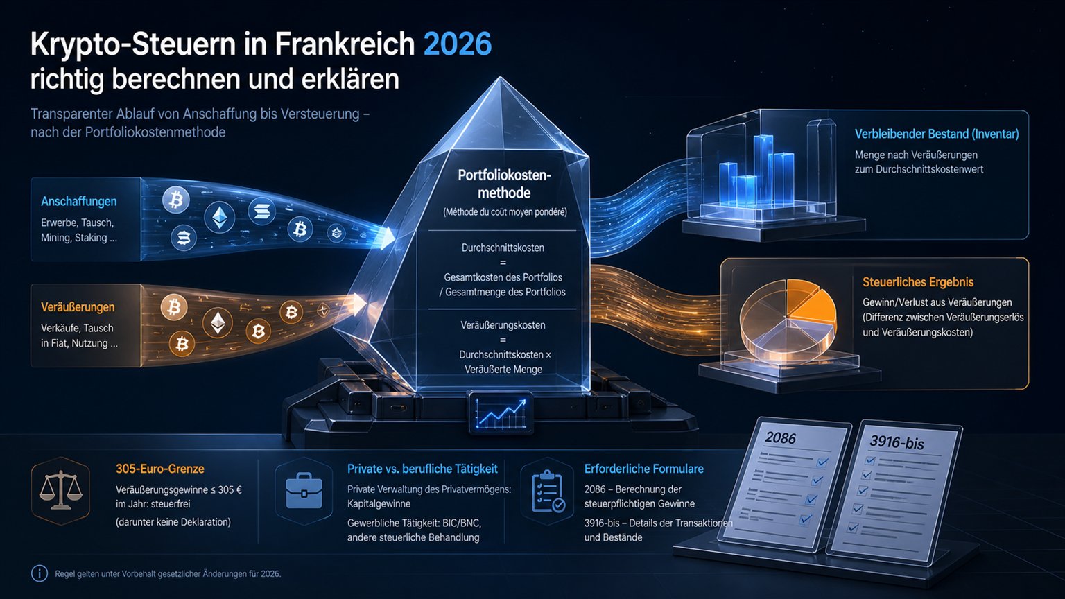 Moderne redaktionelle Illustration zum Artikel „Krypto-Steuern in Frankreich 2026 richtig berechnen und erklären“ über Krypto-Steuern