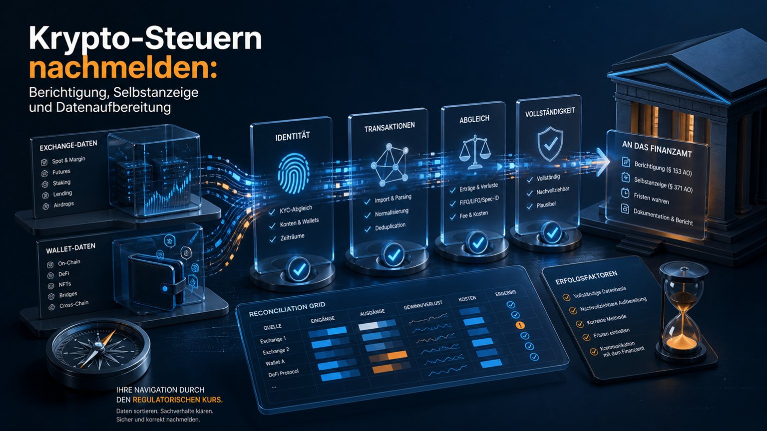 Moderne redaktionelle Illustration zum Artikel „Krypto-Steuern nachmelden: Berichtigung, Selbstanzeige und Datenaufbereitung“ über Krypto-Steuern