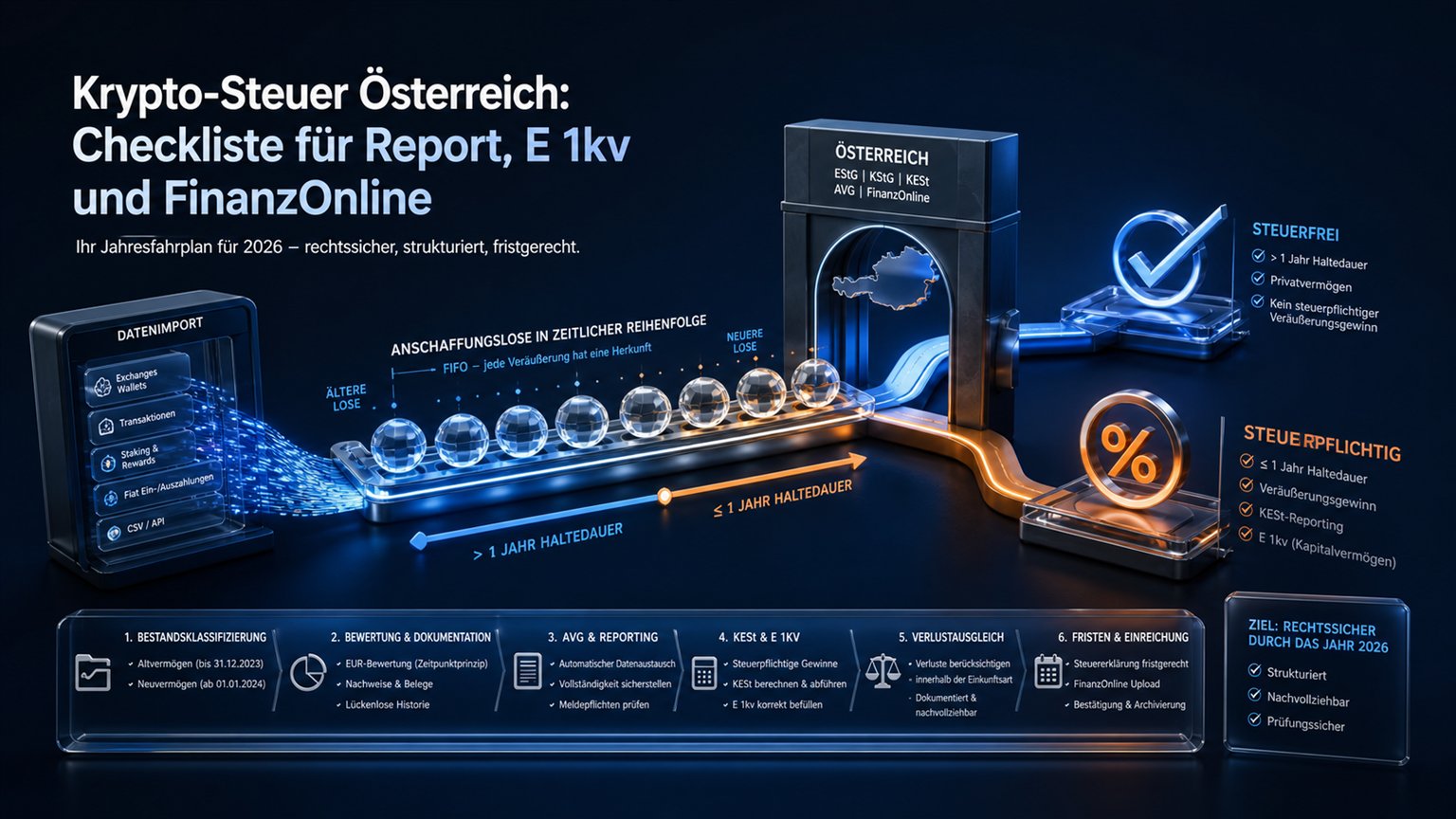 Moderne redaktionelle Illustration zum Artikel „Krypto-Steuer Österreich: Checkliste für Report, E 1kv und FinanzOnline“ über Krypto-Steuern