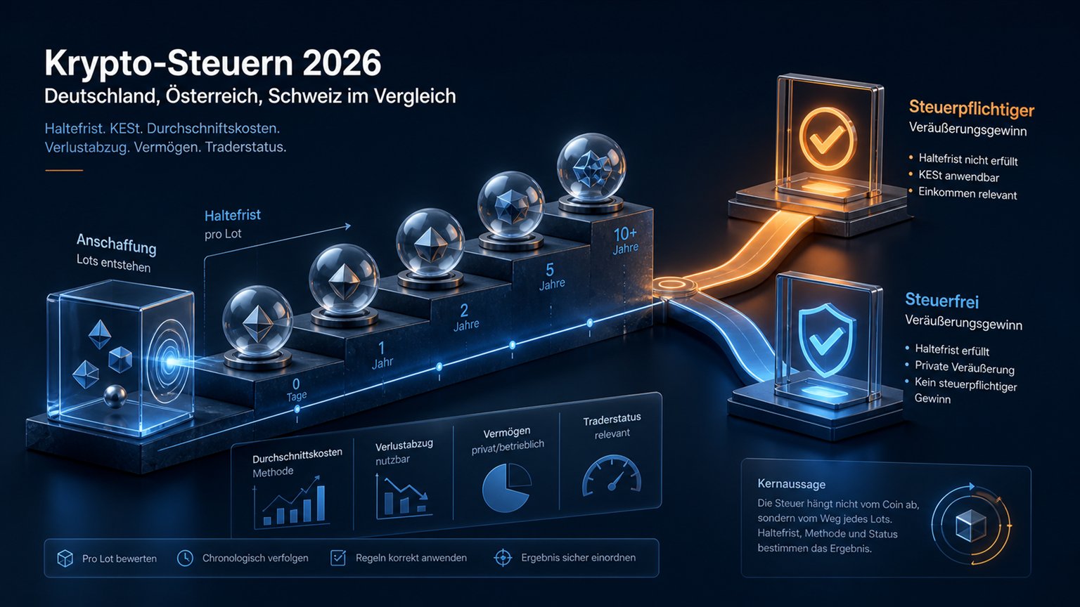 Moderne redaktionelle Illustration zum Artikel „Krypto-Steuern in Deutschland, Österreich und der Schweiz: Vergleich 2026“ über Krypto-Steuern