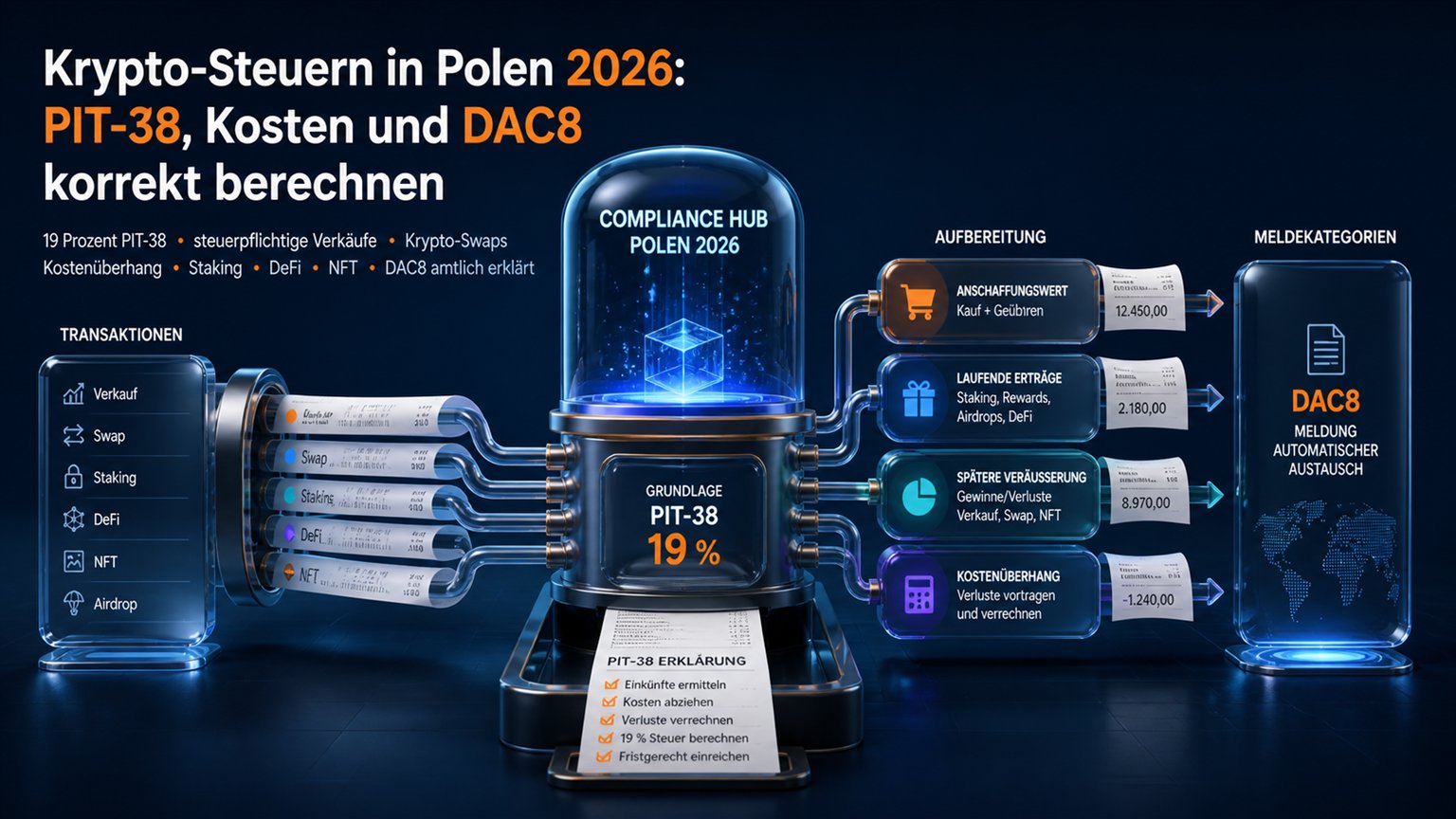 Moderne redaktionelle Illustration zum Artikel „Krypto-Steuern in Polen 2026: PIT-38, Kosten und DAC8 korrekt berechnen“ über Krypto-Steuern