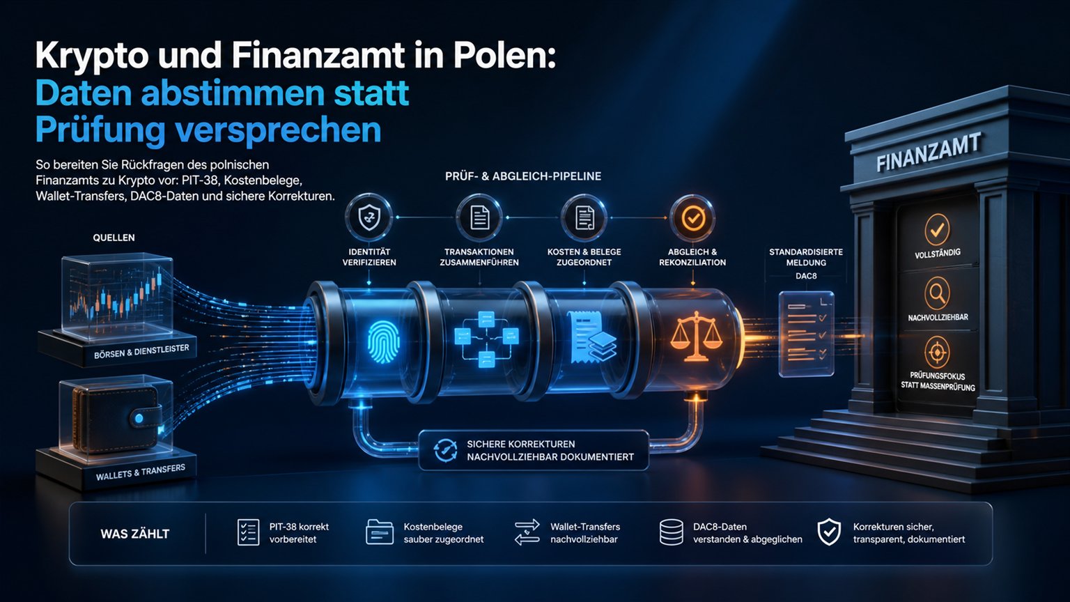 Moderne redaktionelle Illustration zum Artikel „Krypto und Finanzamt in Polen: Daten abstimmen statt Prüfung versprechen“ über Krypto-Steuern