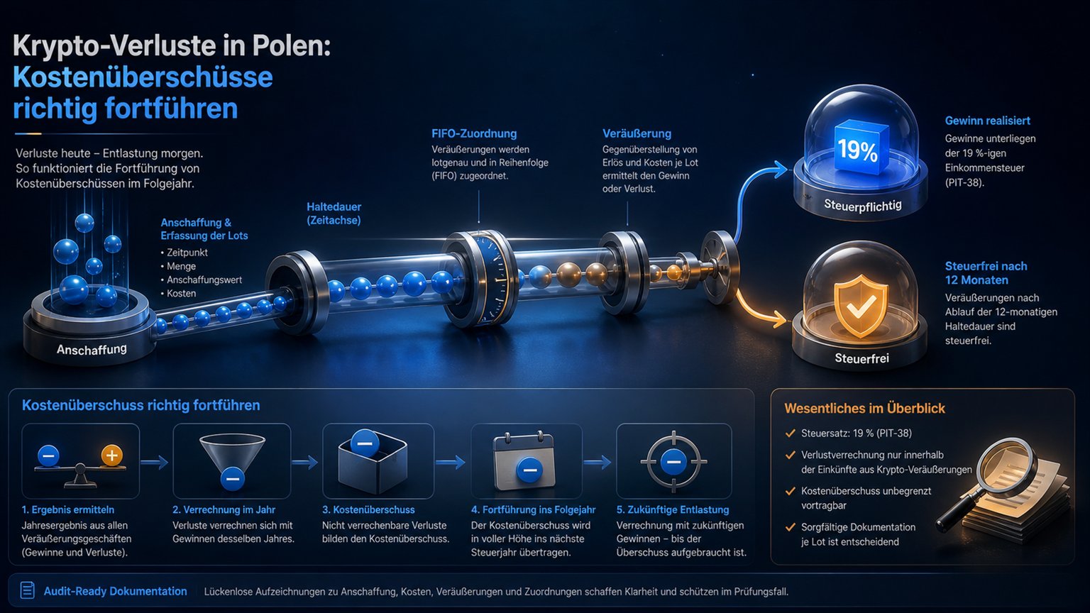 Moderne redaktionelle Illustration zum Artikel „Krypto-Verluste in Polen: Kostenüberschüsse richtig fortführen“ über Krypto-Steuern