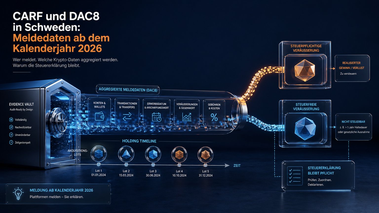 Moderne redaktionelle Illustration zum Artikel „CARF und DAC8 in Schweden: Meldedaten ab dem Kalenderjahr 2026“ über Krypto-Steuern