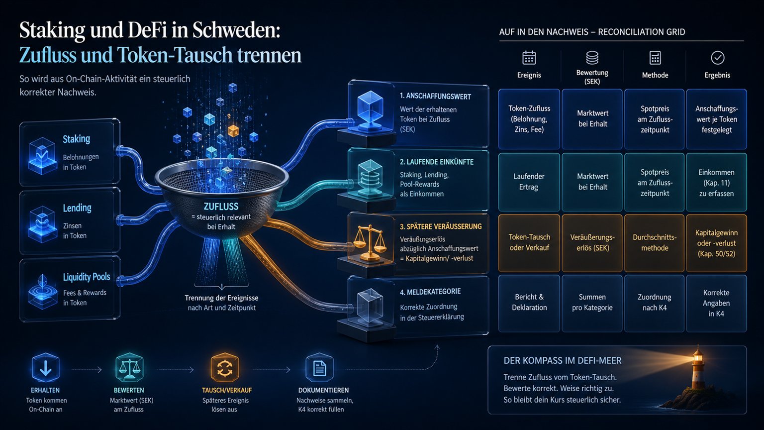 Moderne redaktionelle Illustration zum Artikel „Staking und DeFi in Schweden: Zufluss und Token-Tausch trennen“ über Krypto-Steuern