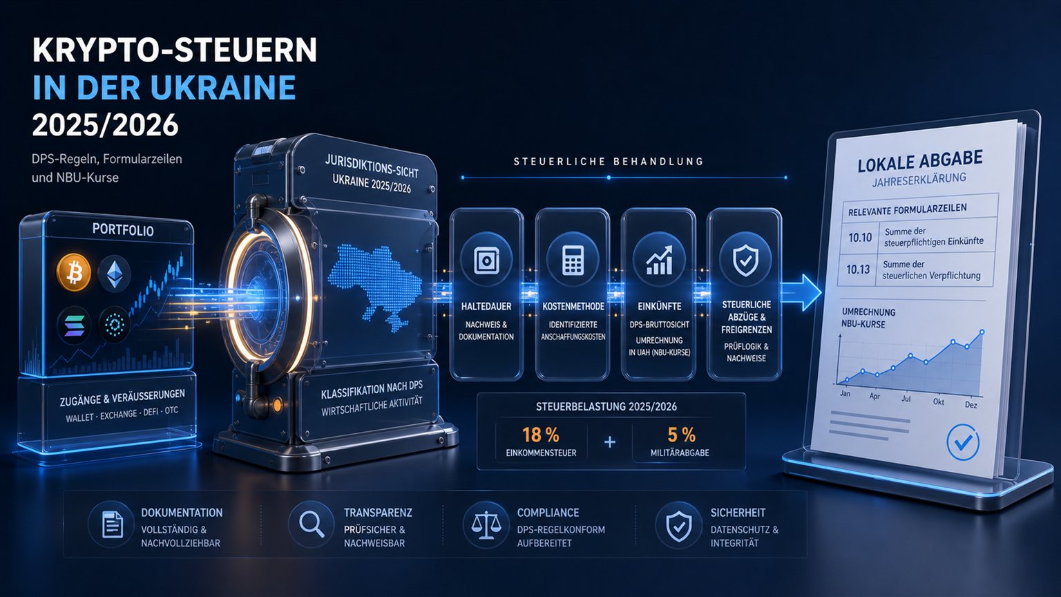 Moderne redaktionelle Illustration zum Artikel „Krypto-Steuern in der Ukraine 2025/2026: DPS-Regeln, Formularzeilen und NBU-Kurse“ über Krypto-Steuern