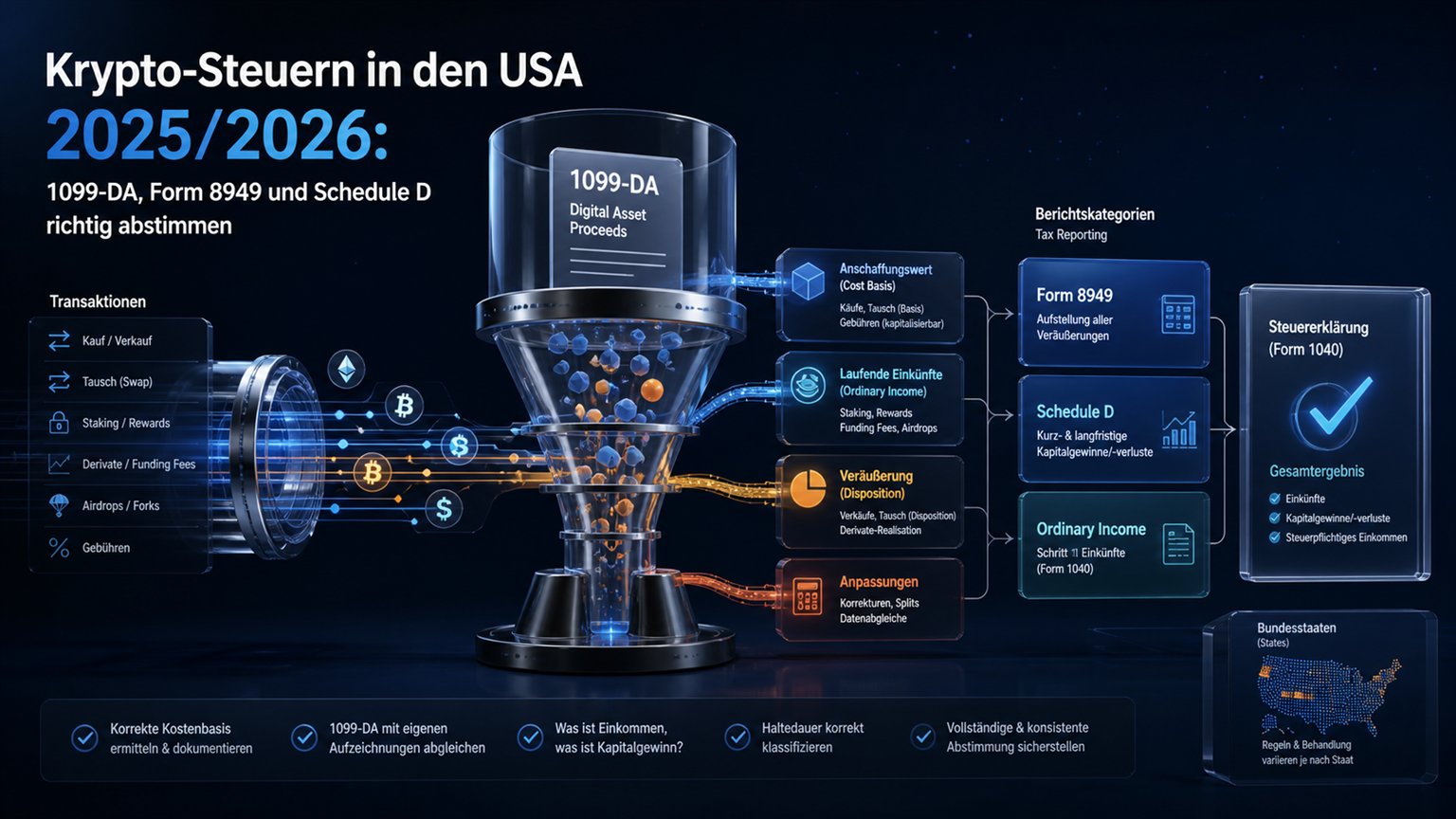 Moderne redaktionelle Illustration zum Artikel „Krypto-Steuern in den USA 2025/2026: 1099-DA, Form 8949 und Schedule D richtig abstimmen“ über Krypto-Steuern