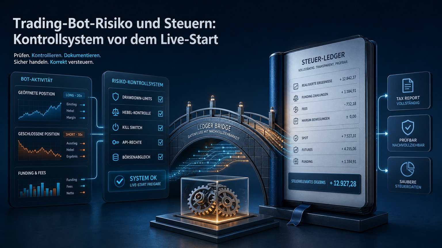 Moderne redaktionelle Illustration zum Artikel „Trading-Bot-Risiko und Steuern: Kontrollsystem vor dem Live-Start“ über Krypto-Steuern