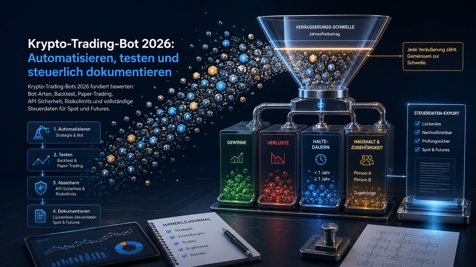Moderne redaktionelle Illustration zum Artikel „Krypto-Trading-Bot 2026: Automatisieren, testen und steuerlich dokumentieren“ über Krypto-Steuern