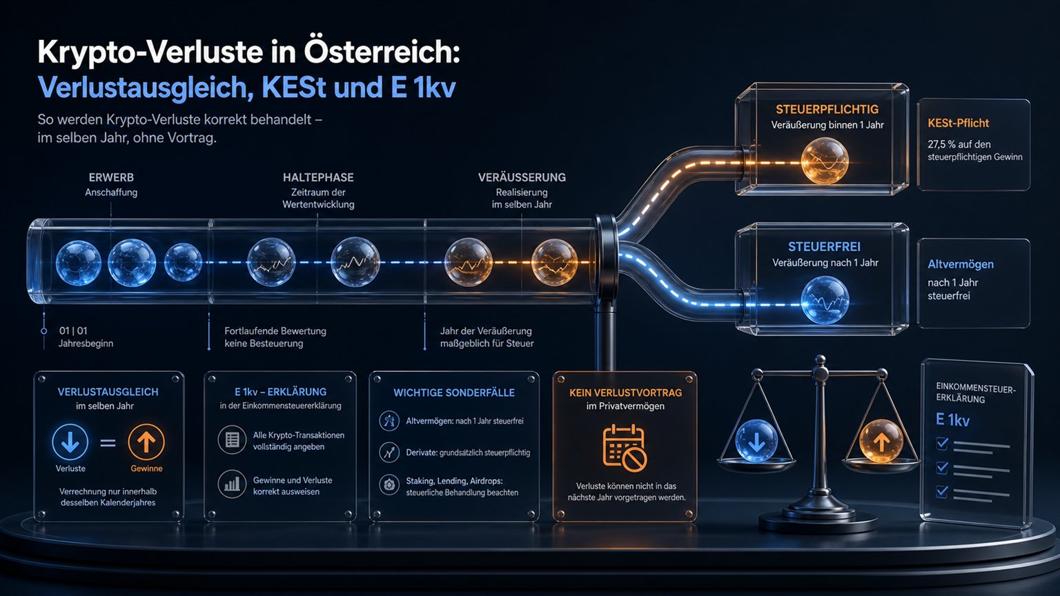 Moderne redaktionelle Illustration zum Artikel „Krypto-Verluste in Österreich: Verlustausgleich, KESt und E 1kv“ über Krypto-Steuern
