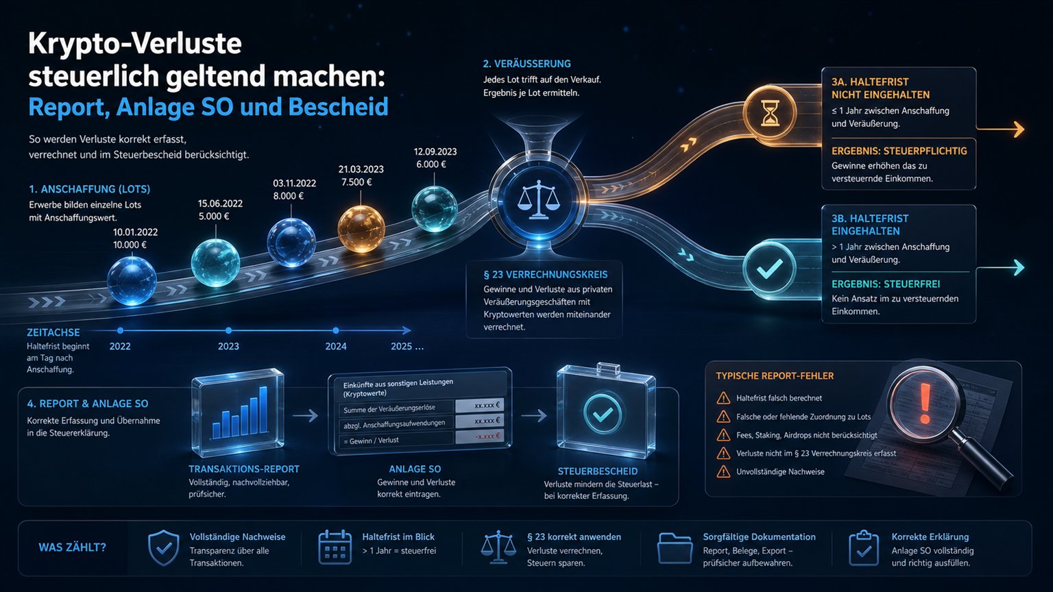 Moderne redaktionelle Illustration zum Artikel „Krypto-Verluste steuerlich geltend machen: Report, Anlage SO und Bescheid“ über Krypto-Steuern