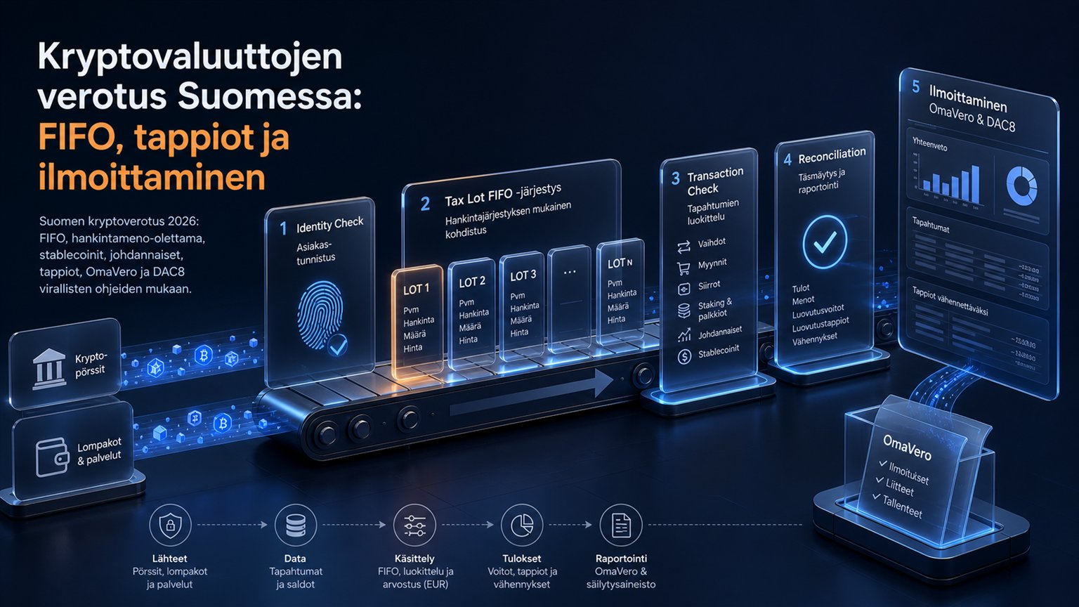 Modern editorial illustration for the crypto tax article “Kryptovaluuttojen verotus Suomessa: FIFO, tappiot ja ilmoittaminen”