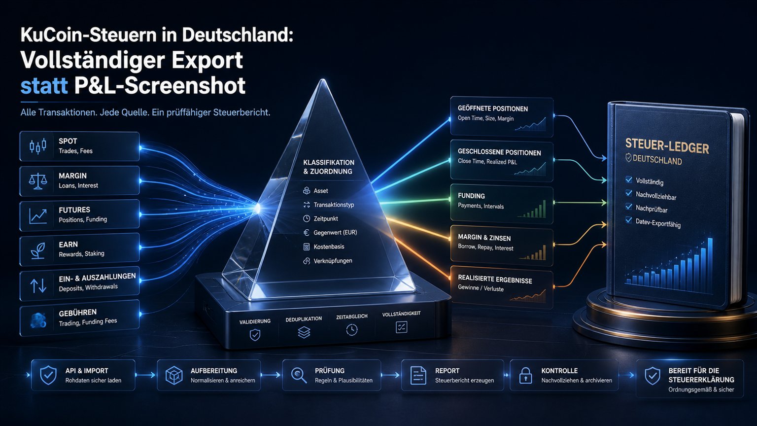 Moderne redaktionelle Illustration zum Artikel „KuCoin-Steuern in Deutschland: Vollständiger Export statt P&L-Screenshot“ über Krypto-Steuern