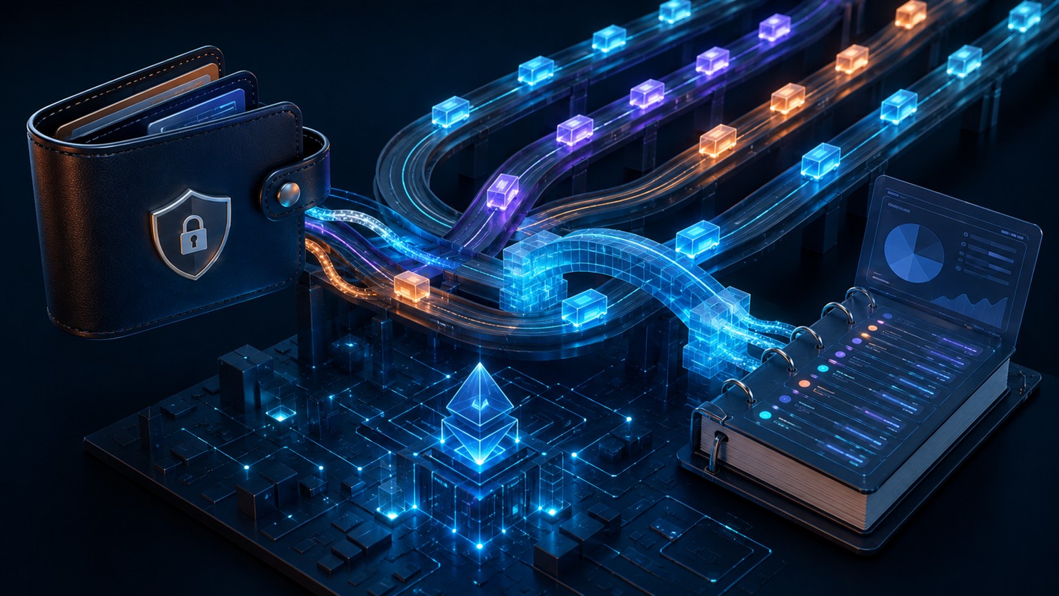 Moderne redaktionelle Illustration zum Artikel „Layer-2-Netzwerke und MetaMask 2026: Bridges, Gas Fees und Steuerdaten verstehen“ über Krypto-Steuern