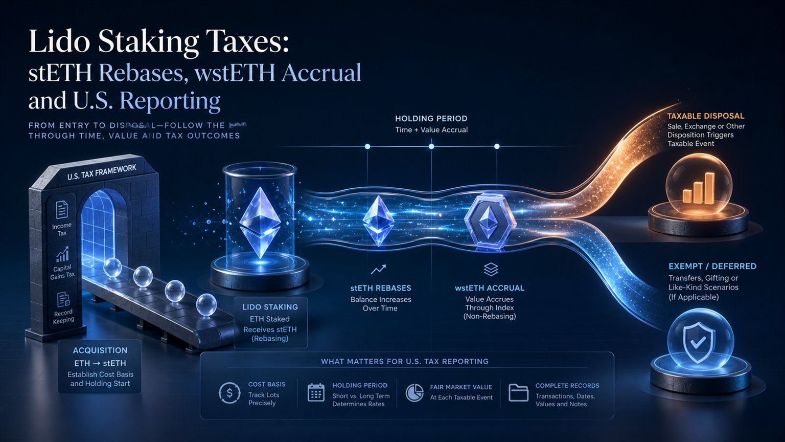 Modern editorial illustration for the crypto tax article “Lido Staking Taxes: stETH Rebases, wstETH Accrual and U.S. Reporting”
