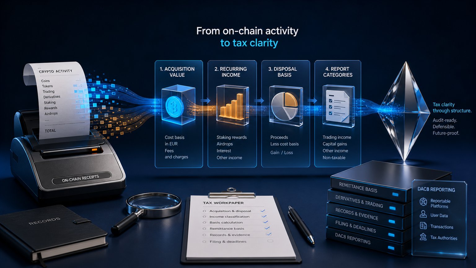 Modern editorial illustration for the crypto tax article “Malta crypto tax: coins, tokens, trading income and filing”