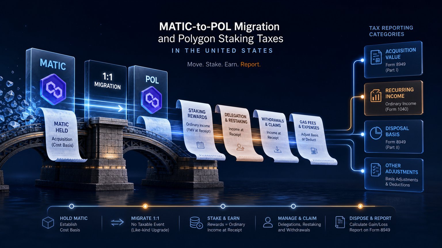 Modern editorial illustration for the crypto tax article “MATIC-to-POL Migration and Polygon Staking Taxes in the United States”