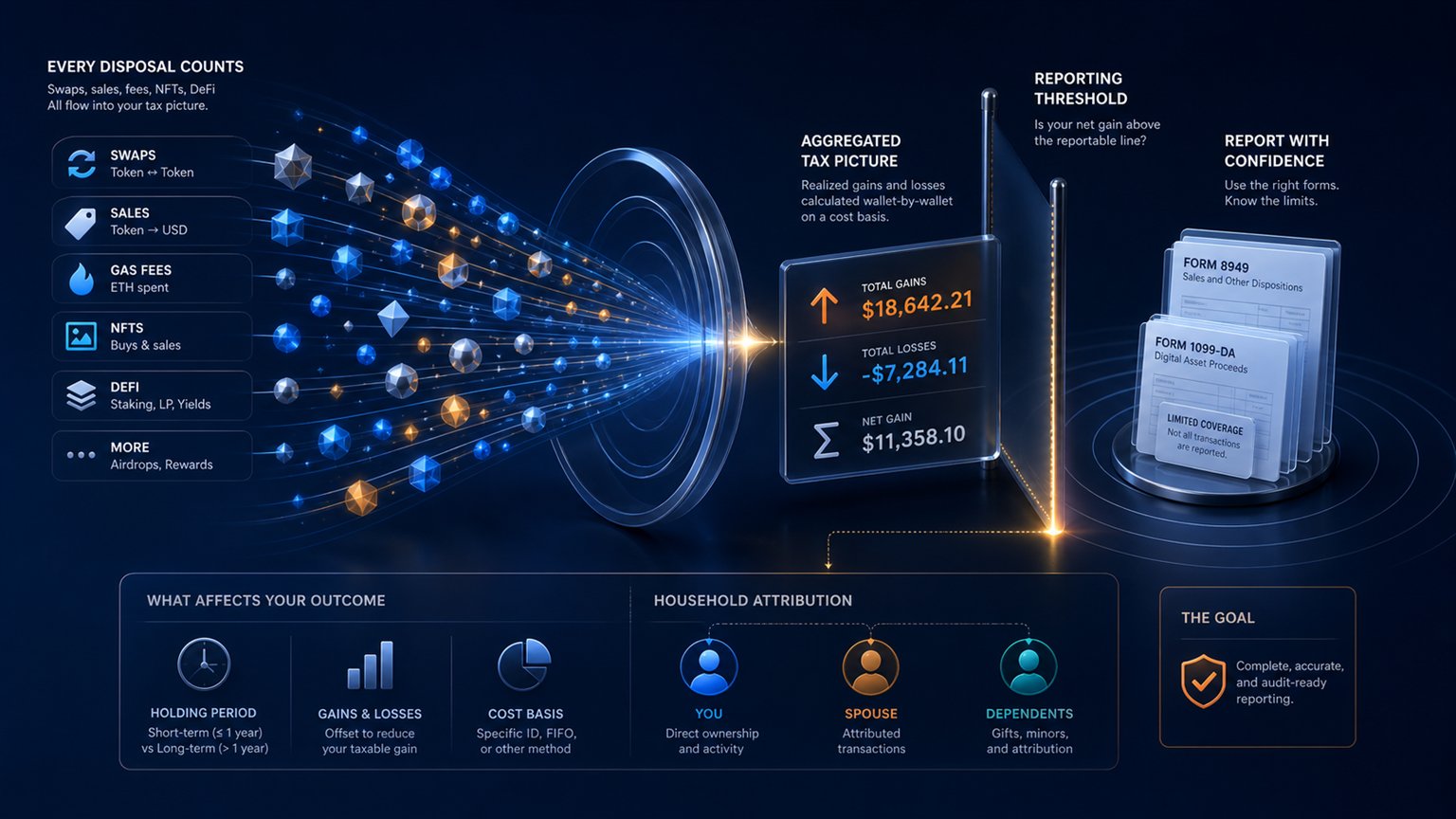 Modern editorial illustration for the crypto tax article “MetaMask Tax Reporting in the US: Wallet Data, Gas Fees and IRS Forms”