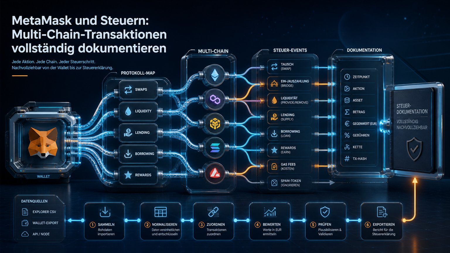 Moderne redaktionelle Illustration zum Artikel „MetaMask und Steuern: Multi-Chain-Transaktionen vollständig dokumentieren“ über Krypto-Steuern