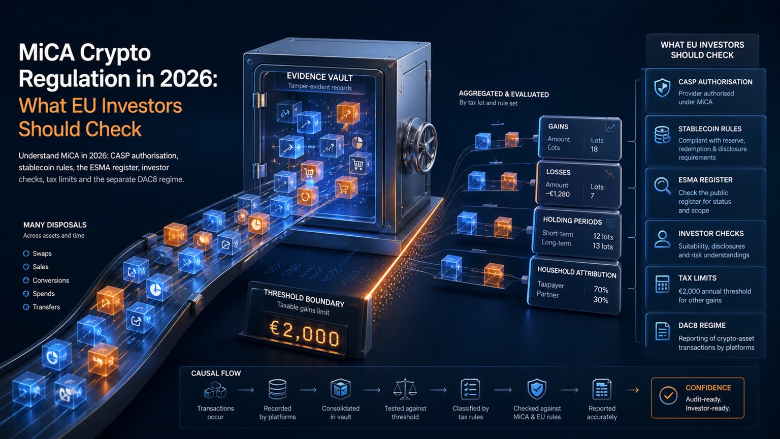 Modern editorial illustration for the crypto tax article “MiCA Crypto Regulation in 2026: What EU Investors Should Check”
