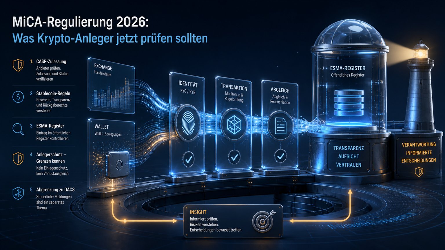 Moderne redaktionelle Illustration zum Artikel „MiCA-Regulierung 2026: Was Krypto-Anleger jetzt prüfen sollten“ über Krypto-Steuern