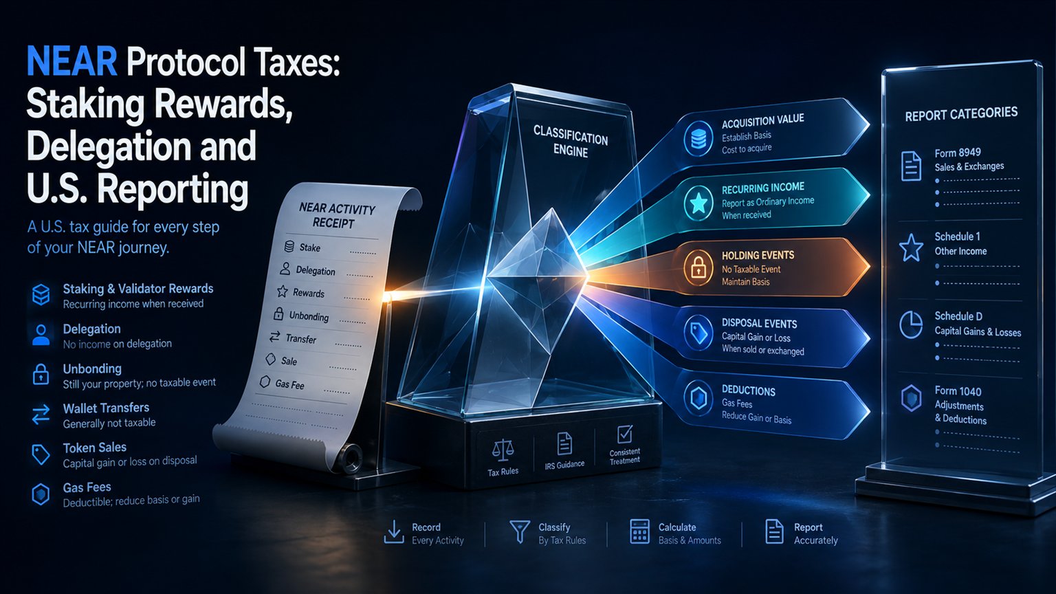 Modern editorial illustration for the crypto tax article “NEAR Protocol Taxes: Staking Rewards, Delegation and U.S. Reporting”