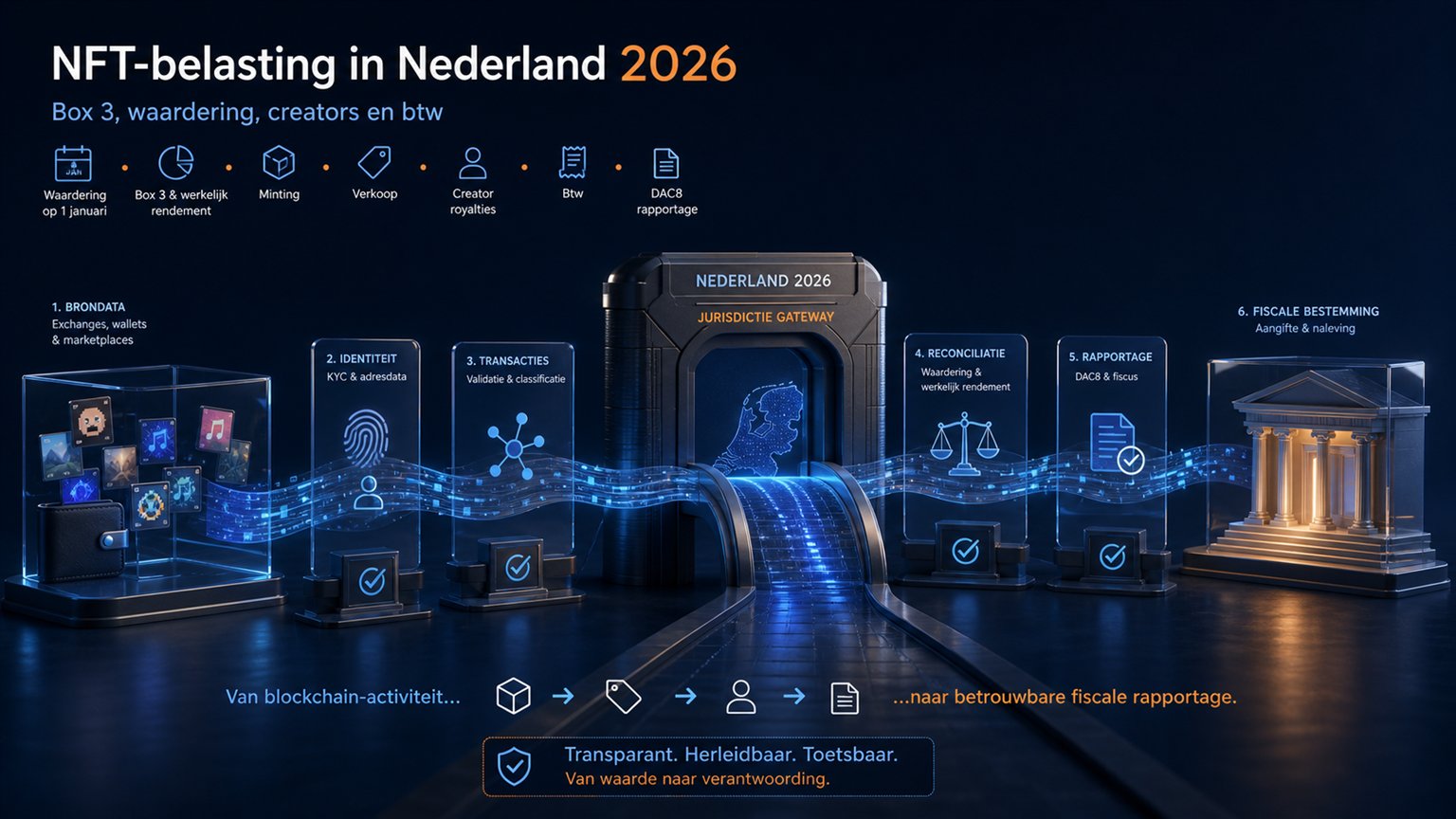 Modern editorial illustration for the crypto tax article “NFT-belasting in Nederland 2026: Box 3, waardering, creators en btw”