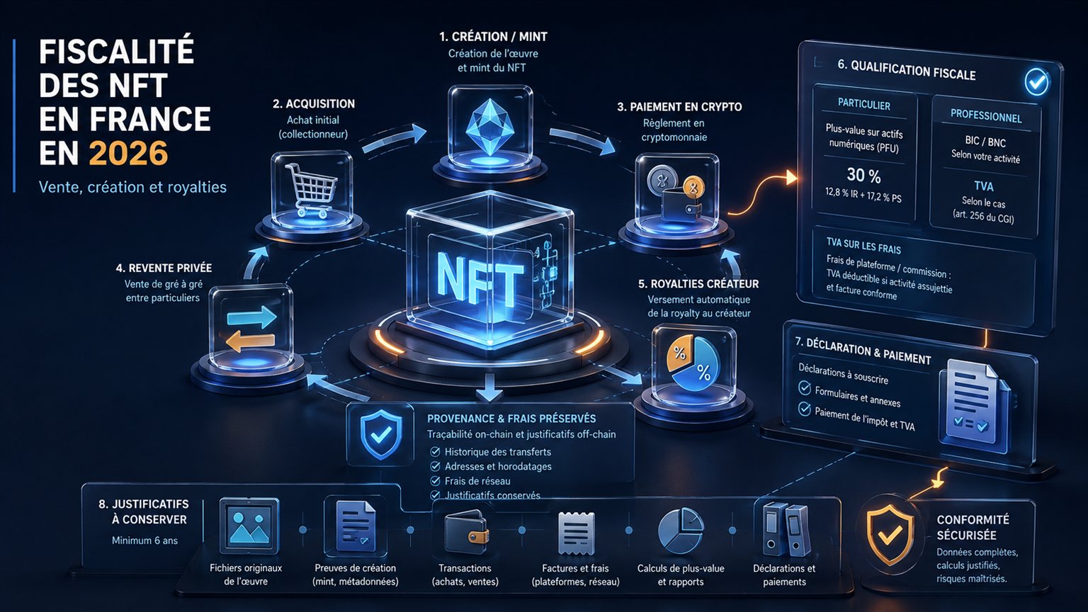 Modern editorial illustration for the crypto tax article “Fiscalité des NFT en France en 2026 : vente, création et royalties”