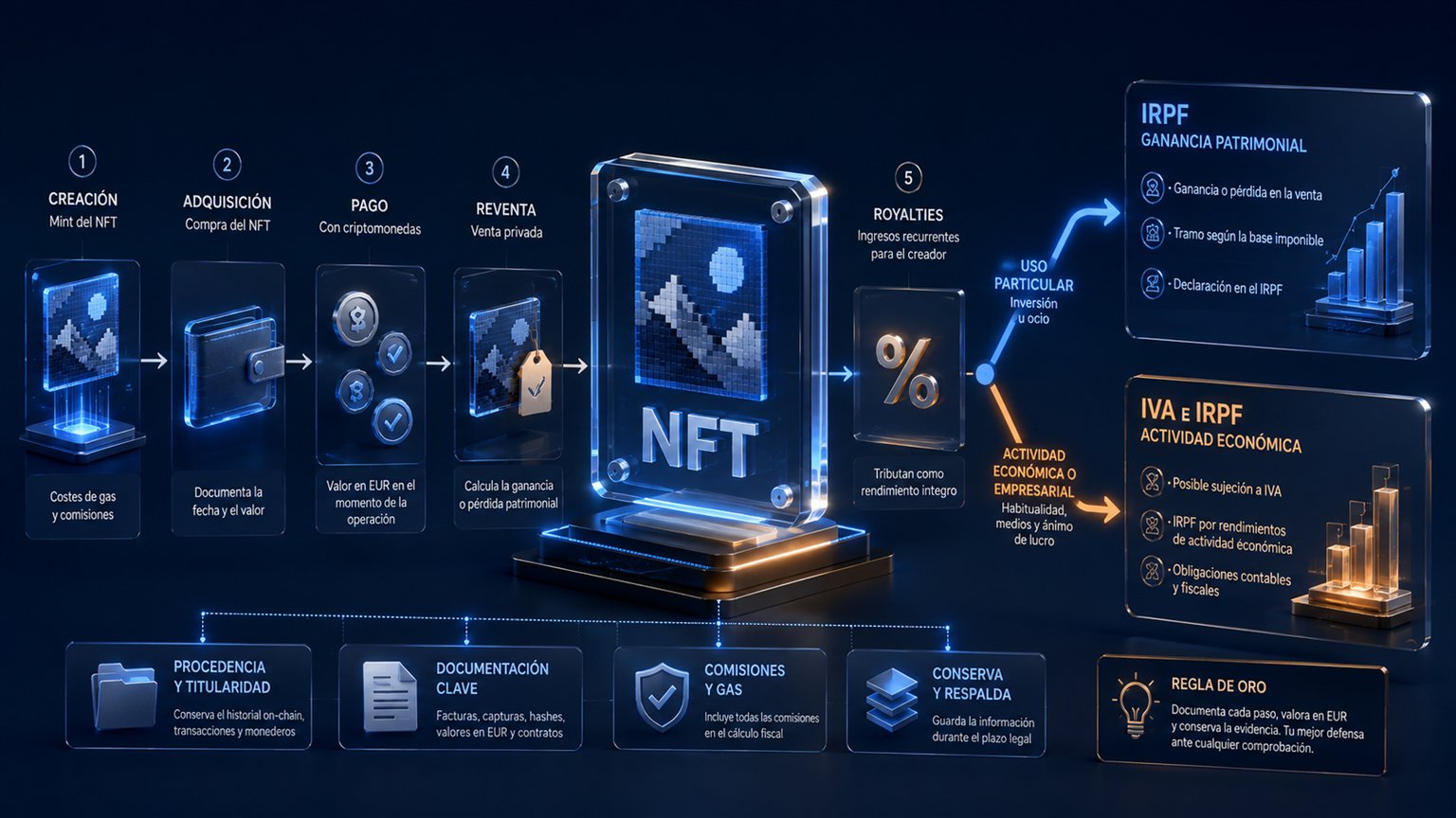 Modern editorial illustration for the crypto tax article “Impuestos de NFT en España en 2026: venta, creación y royalties”