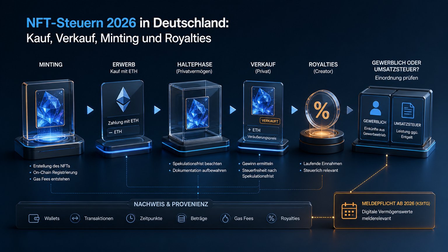 Moderne redaktionelle Illustration zum Artikel „NFT-Steuern 2026 in Deutschland: Kauf, Verkauf, Minting und Royalties“ über Krypto-Steuern