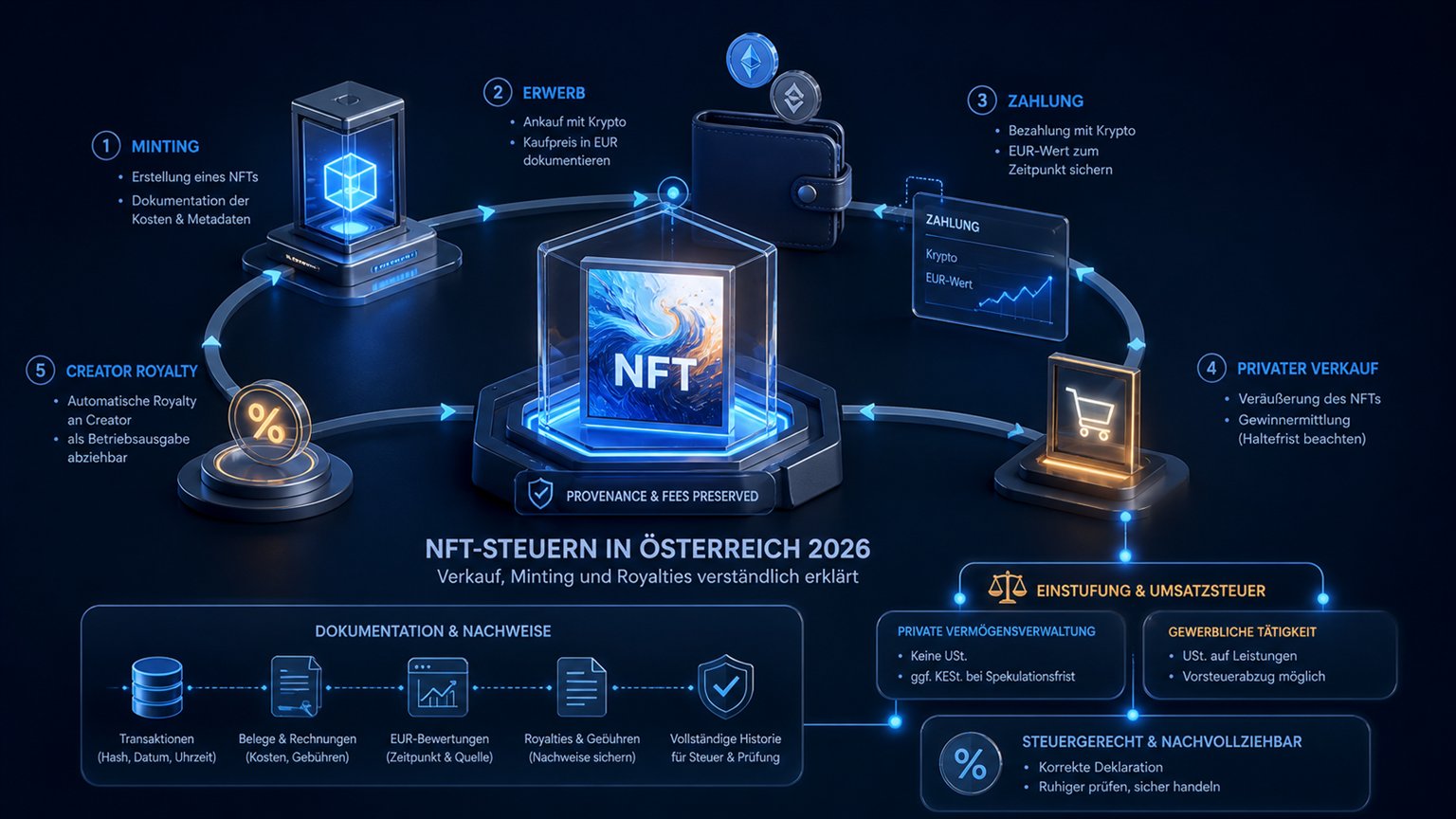 Moderne redaktionelle Illustration zum Artikel „NFT-Steuern in Österreich 2026: Verkauf, Minting und Royalties“ über Krypto-Steuern