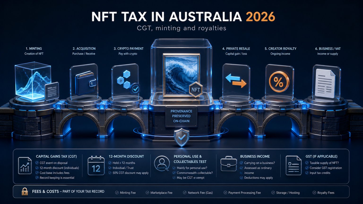 Modern editorial illustration for the crypto tax article “NFT Tax in Australia 2026: CGT, minting and royalties”