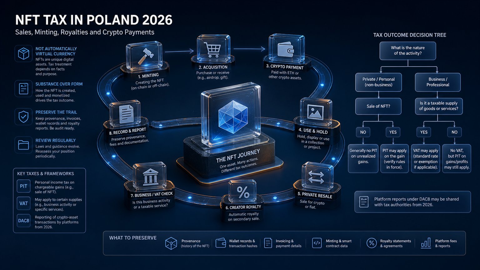 Modern editorial illustration for the crypto tax article “NFT Tax in Poland 2026: Sales, Minting, Royalties and Crypto Payments”