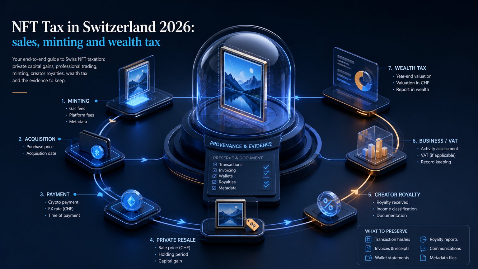 Modern editorial illustration for the crypto tax article “NFT Tax in Switzerland 2026: sales, minting and wealth tax”