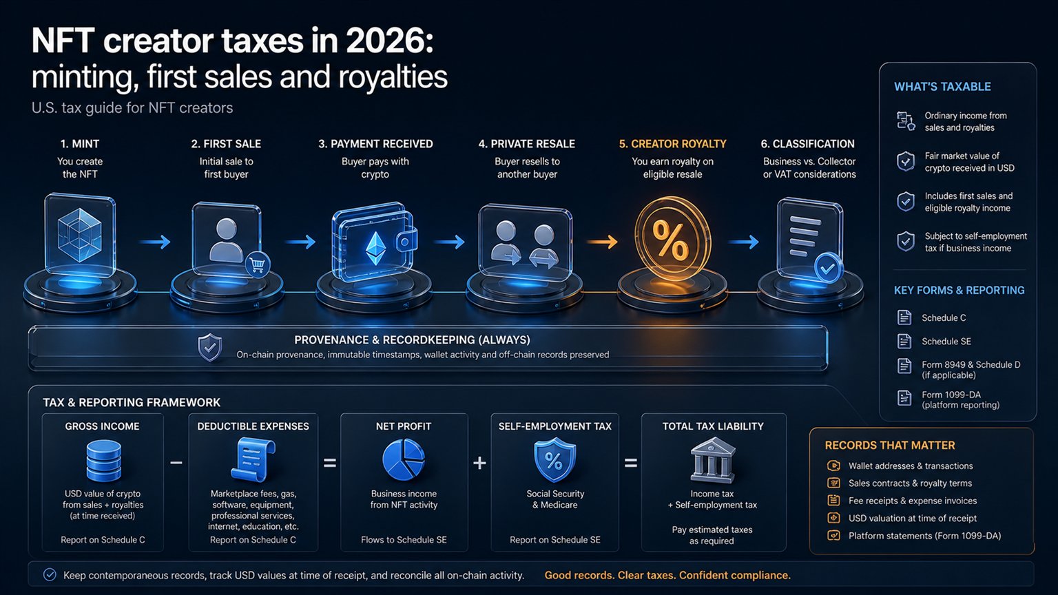 Modern editorial illustration for the crypto tax article “NFT creator taxes in 2026: minting, first sales and royalties”