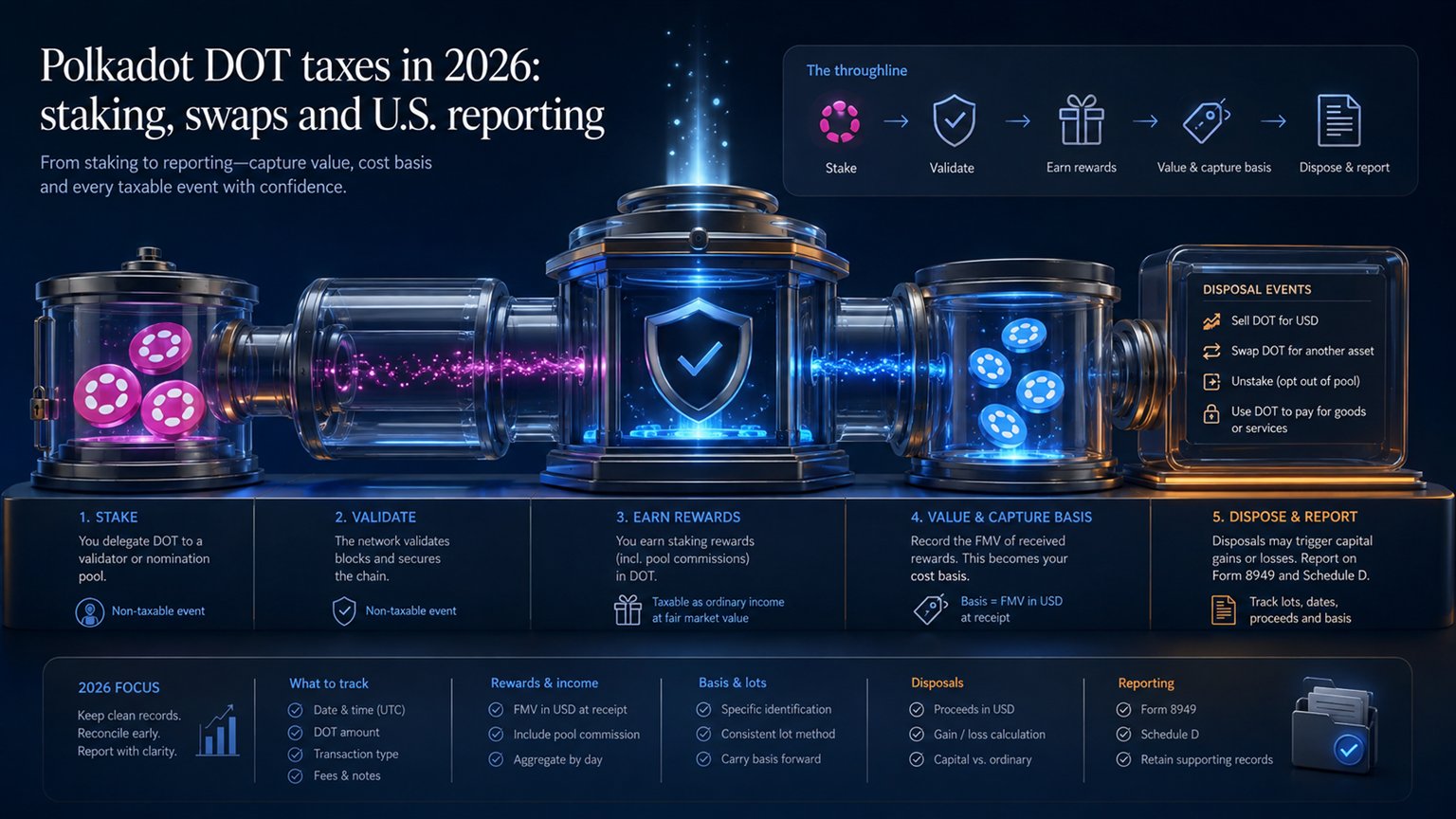 Modern editorial illustration for the crypto tax article “Polkadot DOT taxes in 2026: staking, swaps and U.S. reporting”