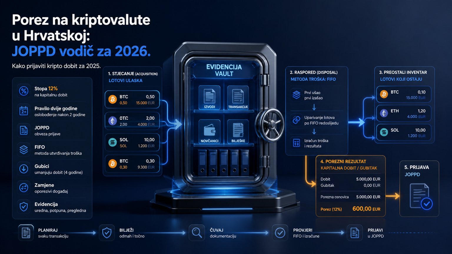 Ilustracija za članak „Porez na kriptovalute u Hrvatskoj 2026: JOPPD prijava za 2025.” o porezu na kriptovalute
