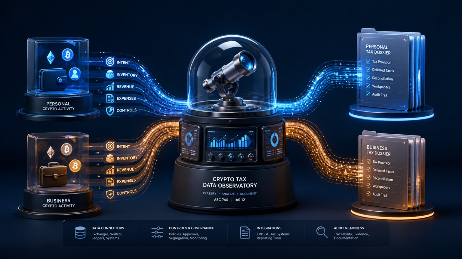 Modern editorial illustration for the crypto tax article “Professional Tax Software and Crypto Tax Provisioning”