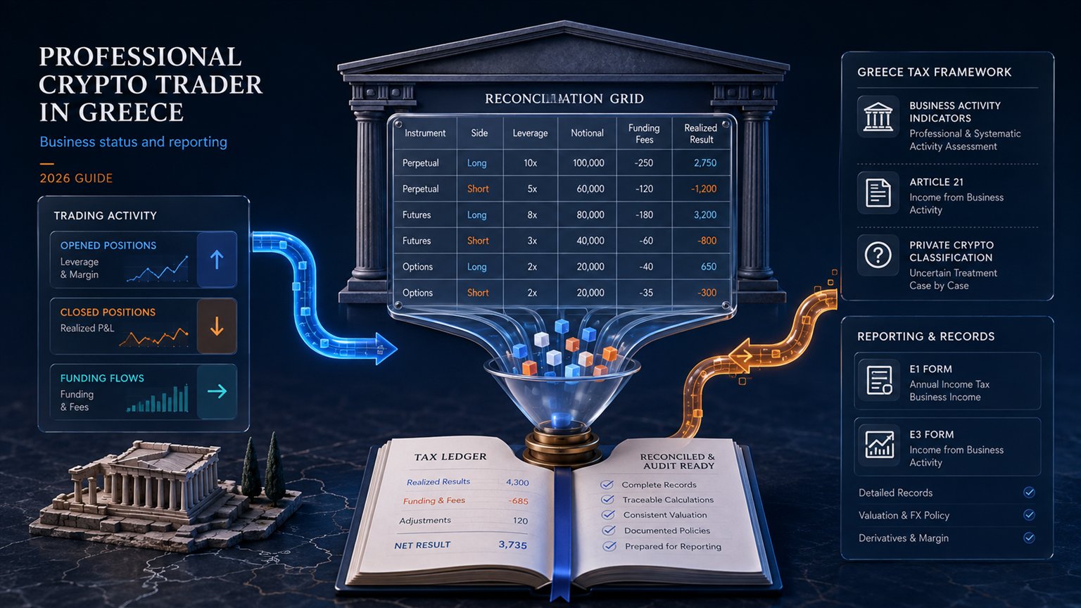 Modern editorial illustration for the crypto tax article “Professional crypto trader in Greece: business status and reporting”