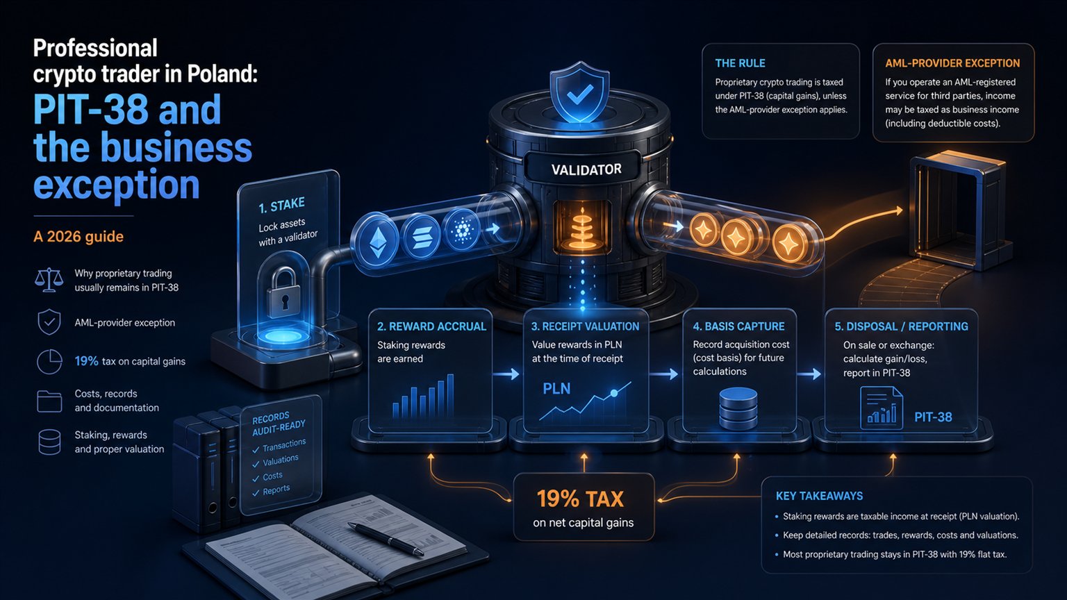 Modern editorial illustration for the crypto tax article “Professional crypto trader in Poland: PIT-38 and the business exception”