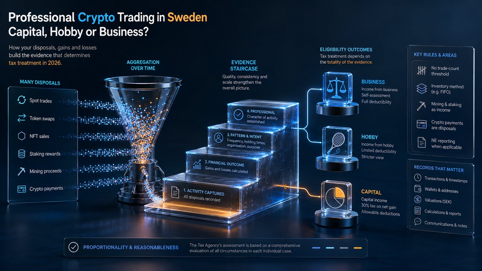 Modern editorial illustration for the crypto tax article “Professional Crypto Trading in Sweden: Capital, Hobby or Business?”