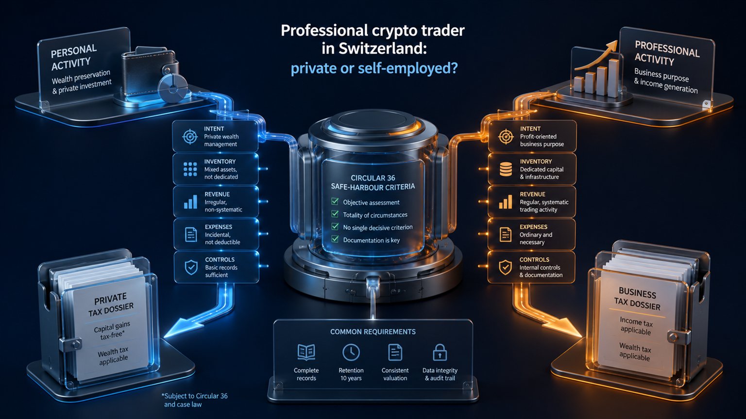 Modern editorial illustration for the crypto tax article “Professional crypto trader in Switzerland: private or self-employed?”