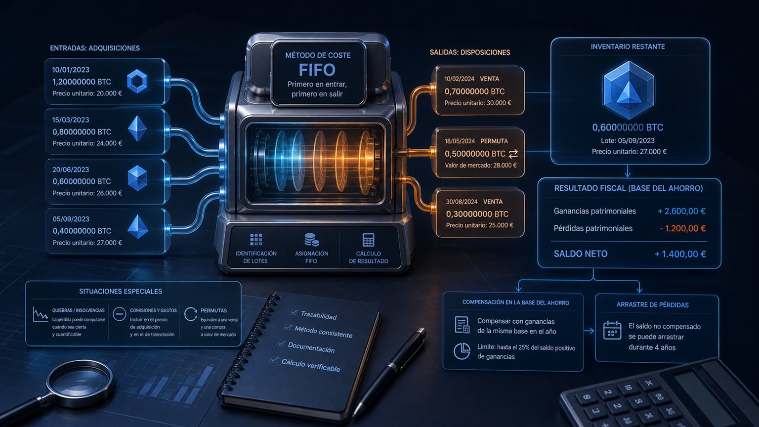 Modern editorial illustration for the crypto tax article “Pérdidas con criptomonedas en España: cálculo y compensación en el IRPF”