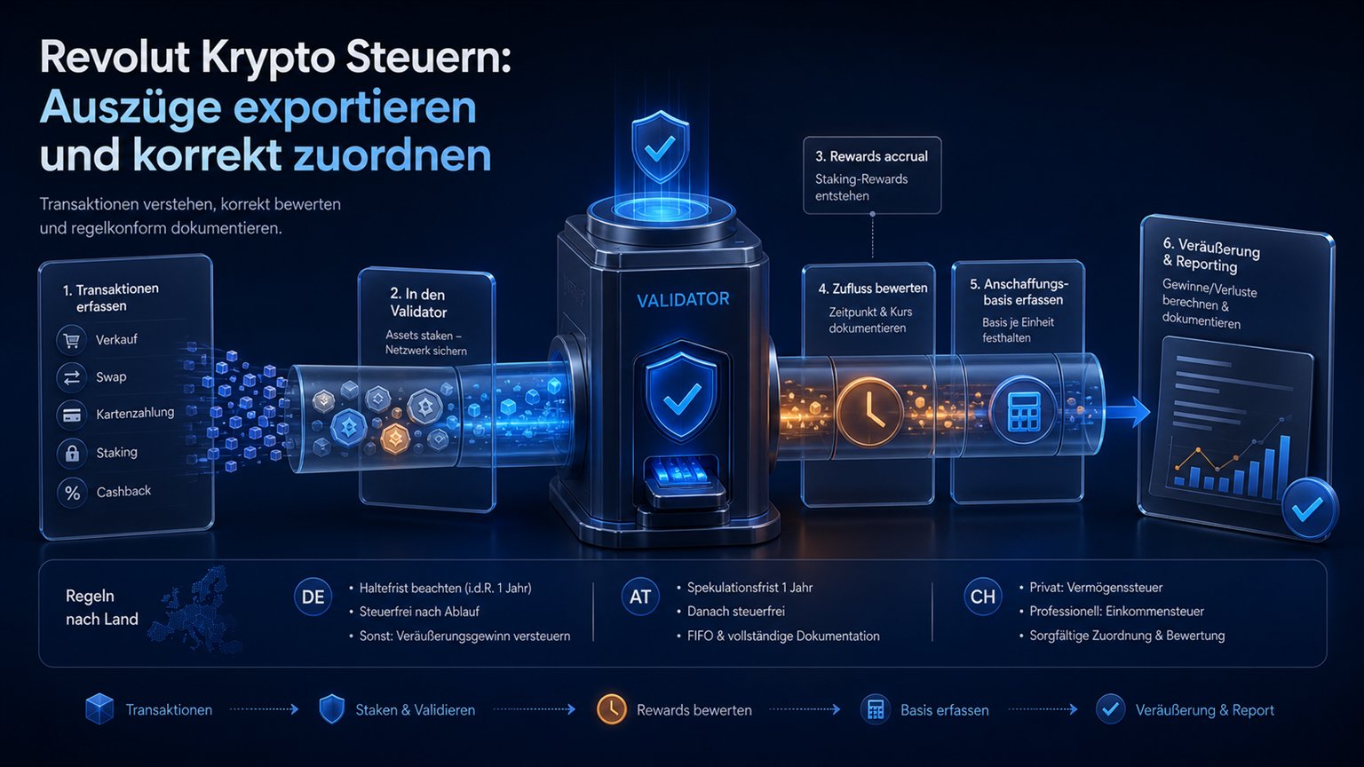 Moderne redaktionelle Illustration zum Artikel „Revolut Krypto Steuern: Auszüge exportieren und korrekt zuordnen“ über Krypto-Steuern