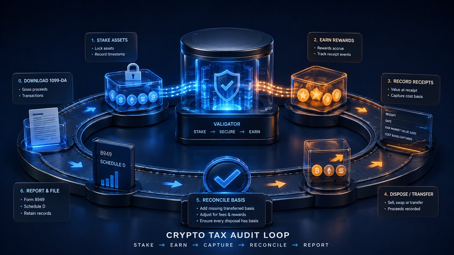 Modern editorial illustration for the crypto tax article “Robinhood Crypto Taxes 2026: Form 1099-DA, Basis and Filing”