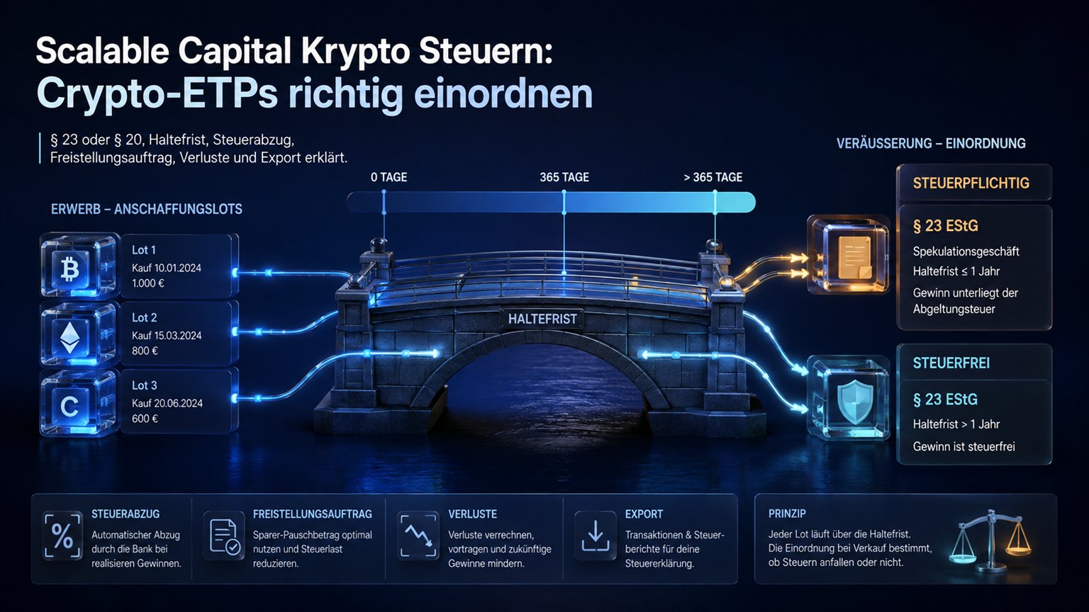 Moderne redaktionelle Illustration zum Artikel „Scalable Capital Krypto Steuern: Crypto-ETPs richtig einordnen“ über Krypto-Steuern