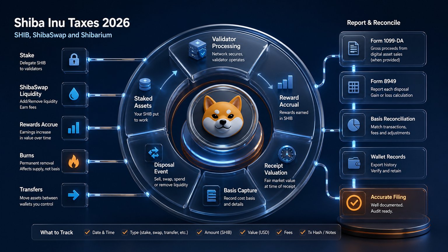 Modern editorial illustration for the crypto tax article “Shiba Inu Taxes 2026: SHIB, ShibaSwap and Shibarium”